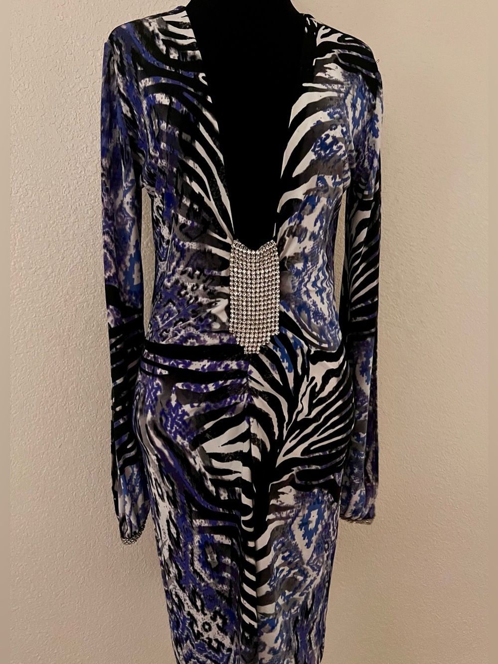 Savee Couture Blue & Black Zebra Print Long Sleeve Dress with Rhinestone Detail